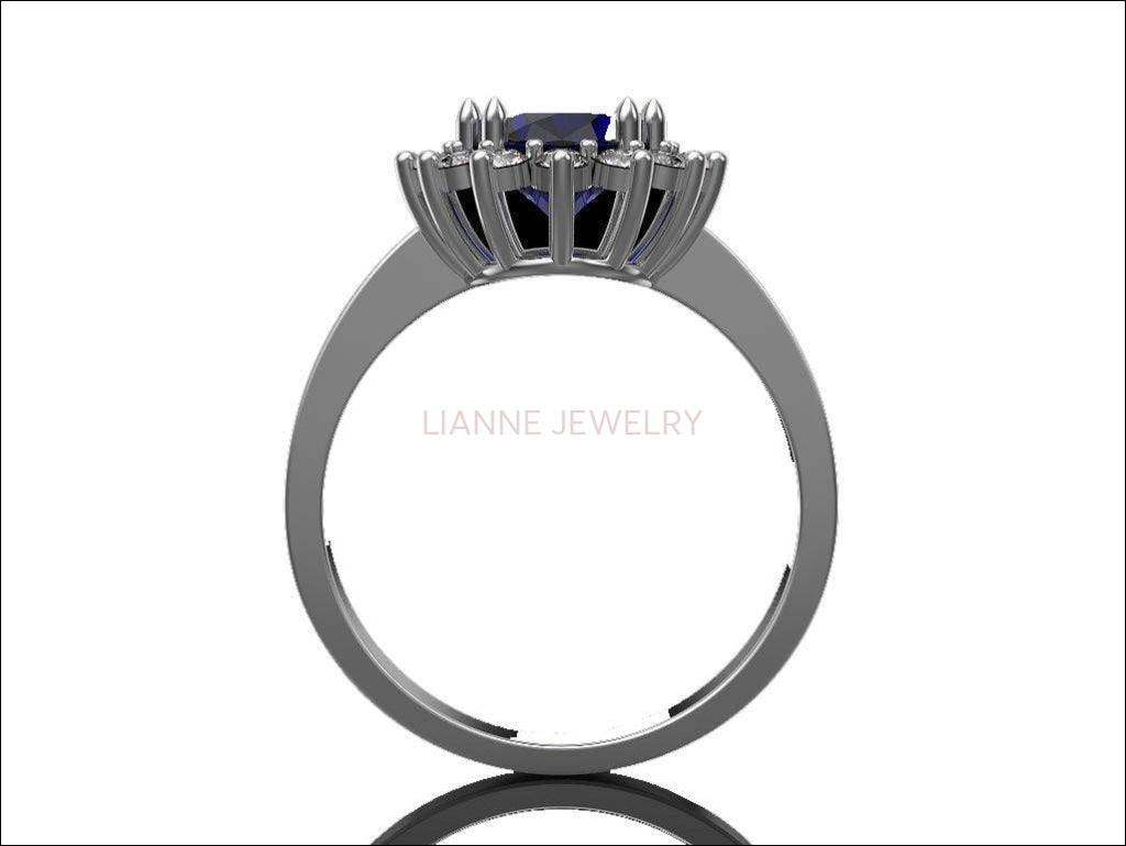 Gold Cocktail Sapphire Ring, Princess Diana Ring, Cocktail Anniversary Ring, Oval Halo Royal Ring - Lianne Jewelry