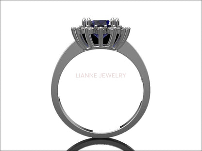 Gold Cocktail Sapphire Ring, Princess Diana Ring, Cocktail Anniversary Ring, Oval Halo Royal Ring - Lianne Jewelry