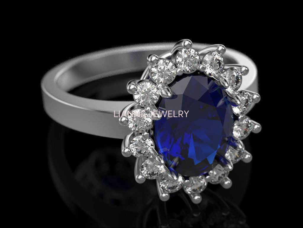 Sapphire Engagement Ring, Diana Ring, Diamonds surround Oval Blue Sapphire, Vintage style Ring - Lianne Jewelry