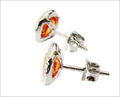 Halo ring 14K white gold Vivid Orange CZ Diamond Earrings surrounded by F VS Diamonds - Lianne Jewelry