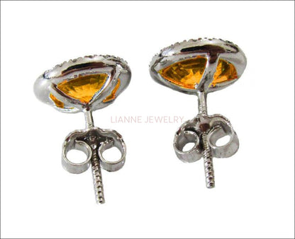 Halo ring 14K white gold Vivid Orange CZ Diamond Earrings surrounded by F VS Diamonds - Lianne Jewelry