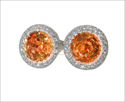 Halo ring 14K white gold Vivid Orange CZ Diamond Earrings surrounded by F VS Diamonds - Lianne Jewelry