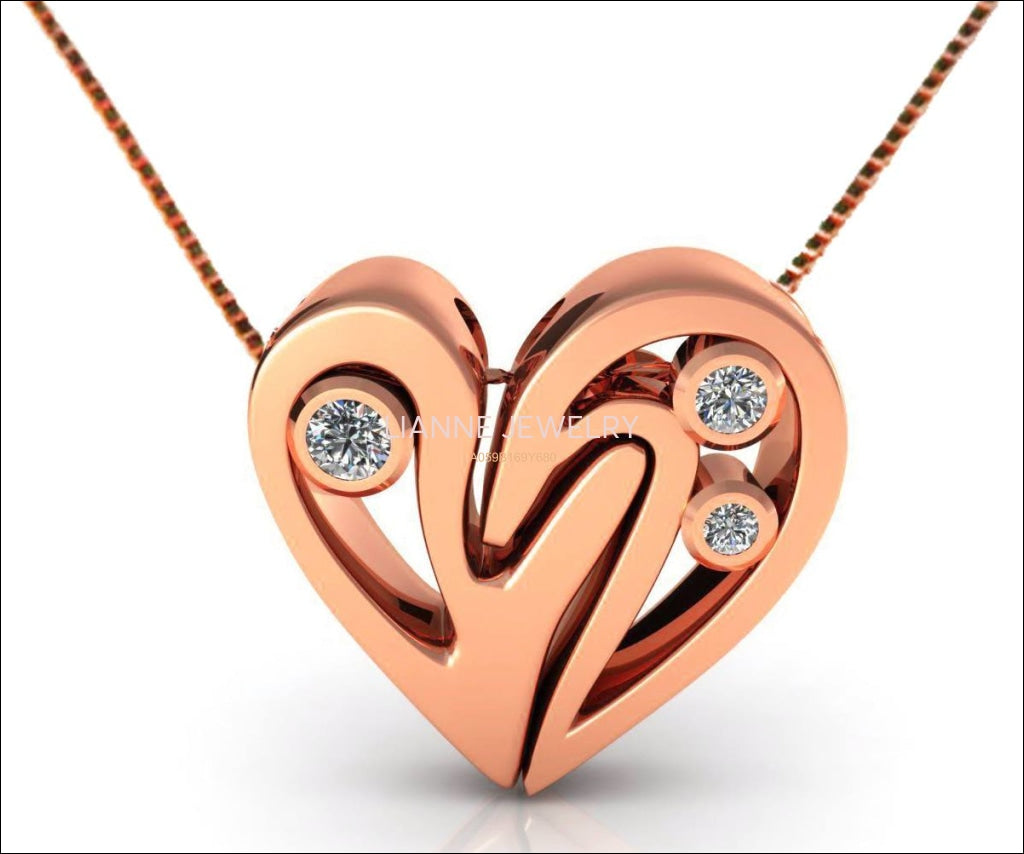 Rose Gold Diamond Heart Pendant, Heavy Pendant 14K Gold - Lianne Jewelry