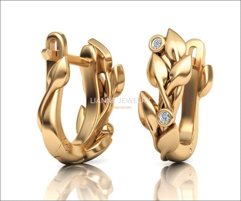 Lever back Leaf Earrings Leaf Studs Branch Earrings Rose Gold Earrings Art Nouveau Earrings Leaf Stud Earrings Celtic Earrings Gift for Her - Lianne Jewelry
