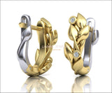 2 Tone Gold Leaves Earrings Leverback Leaf Earrings Stud Earrings Celtic Earrings Yellow and White Gold Anniversary Jewelry Gift - Lianne Jewelry