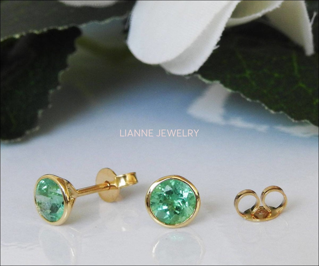 Solid Gold Round Emerald Studs Bezel set 6.5mm, Natural Emeralds Earrings, Super Green Sparkle - Lianne Jewelry