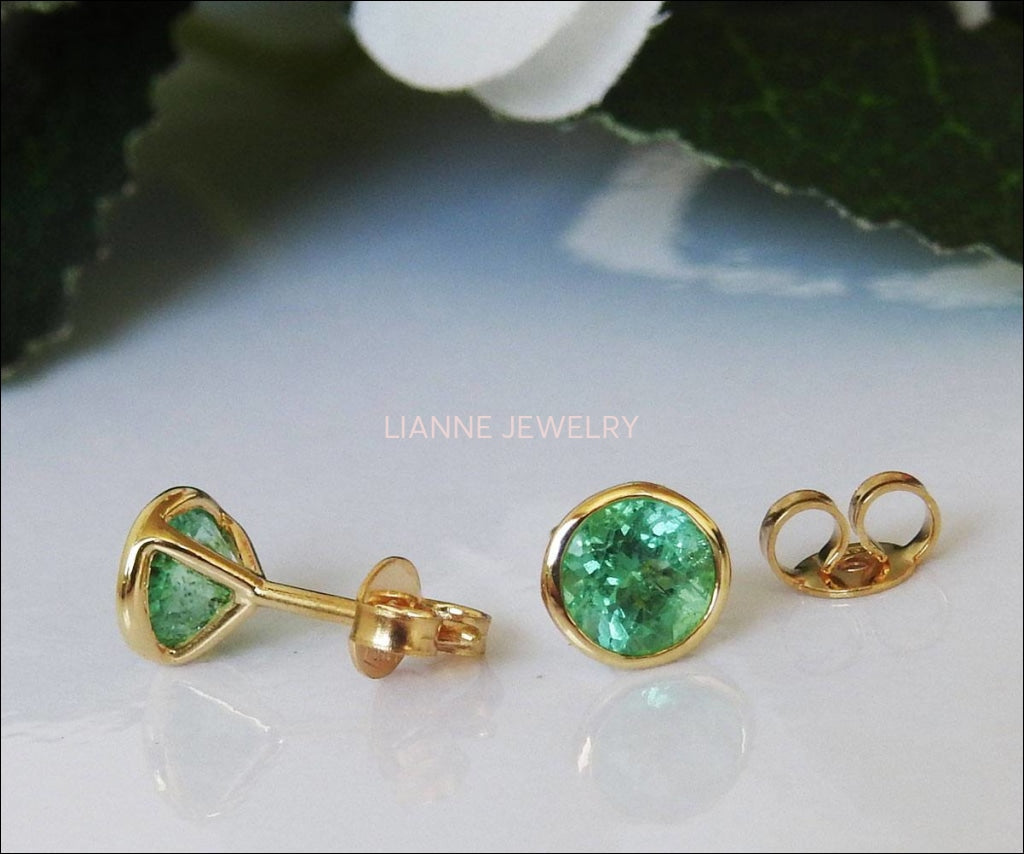 Solid Gold Round Emerald Studs Bezel set 6.5mm, Natural Emeralds Earrings, Super Green Sparkle - Lianne Jewelry