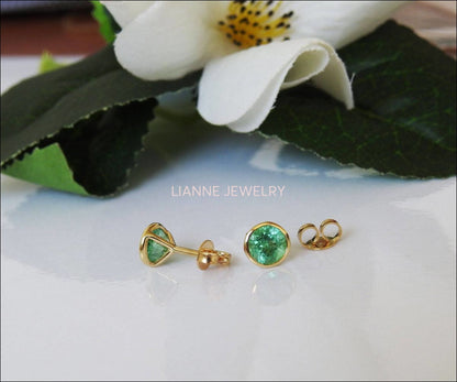 Solid Gold Round Emerald Studs Bezel set 6.5mm, Natural Emeralds Earrings, Super Green Sparkle - Lianne Jewelry