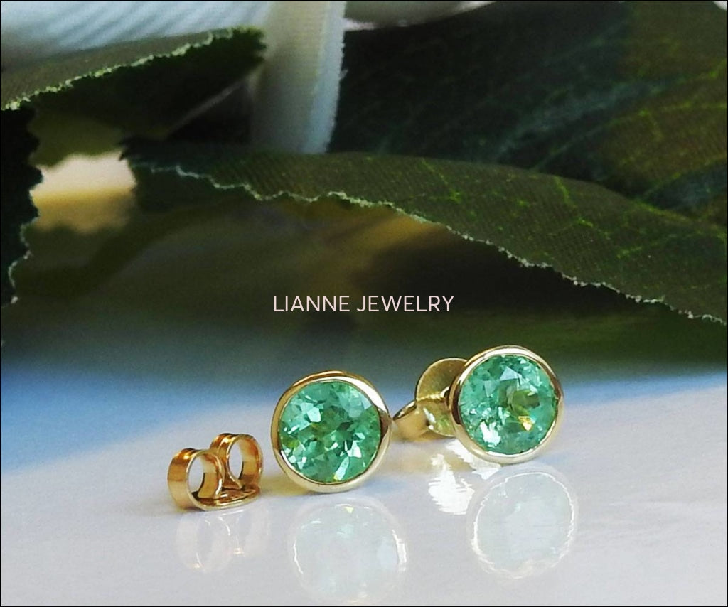 Solid Gold Round Emerald Studs Bezel set 6.5mm, Natural Emeralds Earrings, Super Green Sparkle - Lianne Jewelry