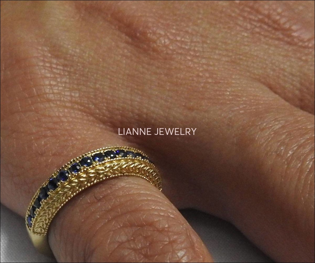 Sapphire Wedding band Half Eternity 17th Anniversary Micro pave 18K White or Yellow gold - Lianne Jewelry