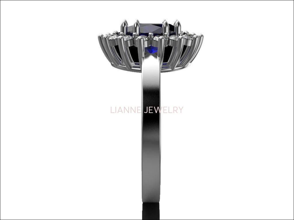 Gold Cocktail Sapphire Ring, Princess Diana Ring, Cocktail Anniversary Ring, Oval Halo Royal Ring - Lianne Jewelry