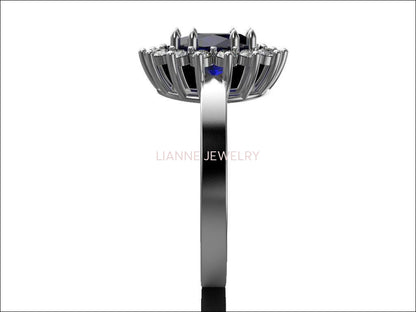 Gold Cocktail Sapphire Ring, Princess Diana Ring, Cocktail Anniversary Ring, Oval Halo Royal Ring - Lianne Jewelry