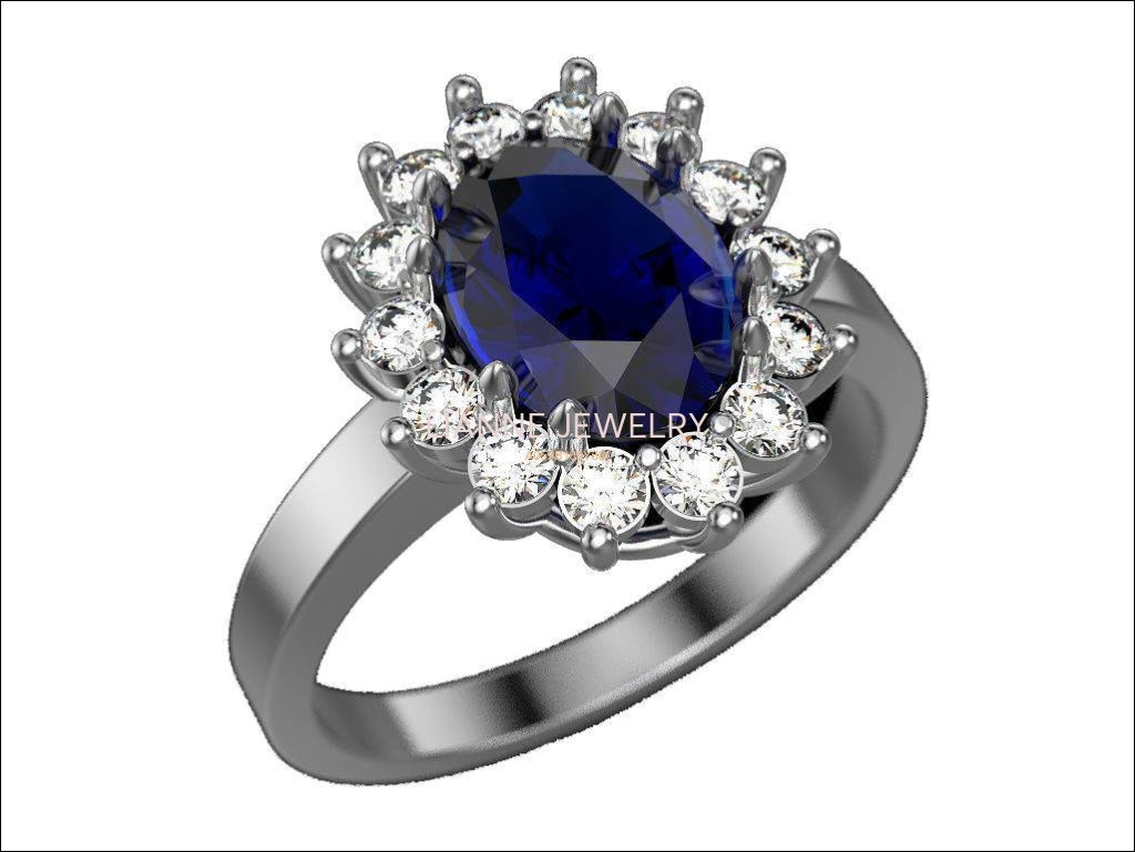 Gold Cocktail Sapphire Ring, Princess Diana Ring, Cocktail Anniversary Ring, Oval Halo Royal Ring - Lianne Jewelry