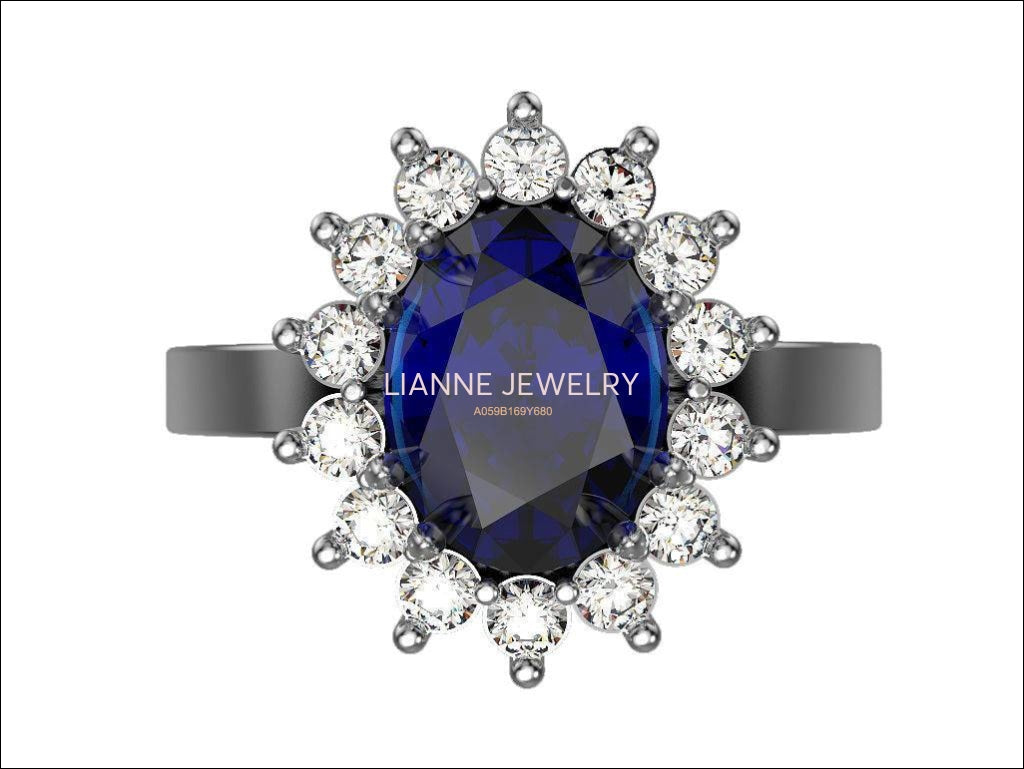 Engagement ring Diana ring Sapphire ring Victorian ring Princess Ring Blue Oval Blue Sapphire 14K-18K - Lianne Jewelry