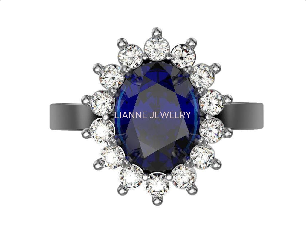 Gold Cocktail Sapphire Ring, Princess Diana Ring, Cocktail Anniversary Ring, Oval Halo Royal Ring - Lianne Jewelry