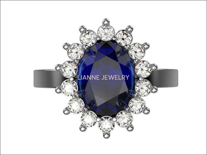 Gold Cocktail Sapphire Ring, Princess Diana Ring, Cocktail Anniversary Ring, Oval Halo Royal Ring - Lianne Jewelry