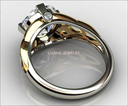 Big Round Solitaire Engagement Ring, 14K, 3.5 ct, 10mm, 2 Tone Gold, Diamond Simulant CZ 10mm, Filigree Solitaire Celtic Ring - Lianne Jewelry