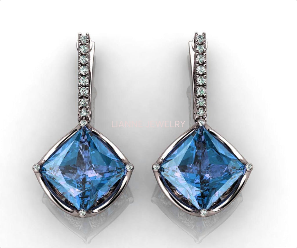 2.56 carat Diamonds and 14x14mm Huge Topaz Earrings Lever back 216 Diamonds Earrings Topaz Diamond earrings Bride Topaz Drop Earring - Lianne Jewelry