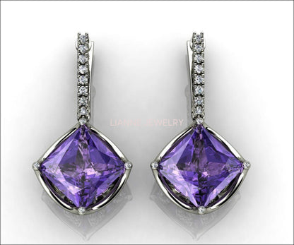 Drop Earrings Amethyst Earrings Lever back Earrings Amethyst Diamond earrings Amethyst Drop Earrings bridesmaid Earrings  Gold - Lianne Jewelry