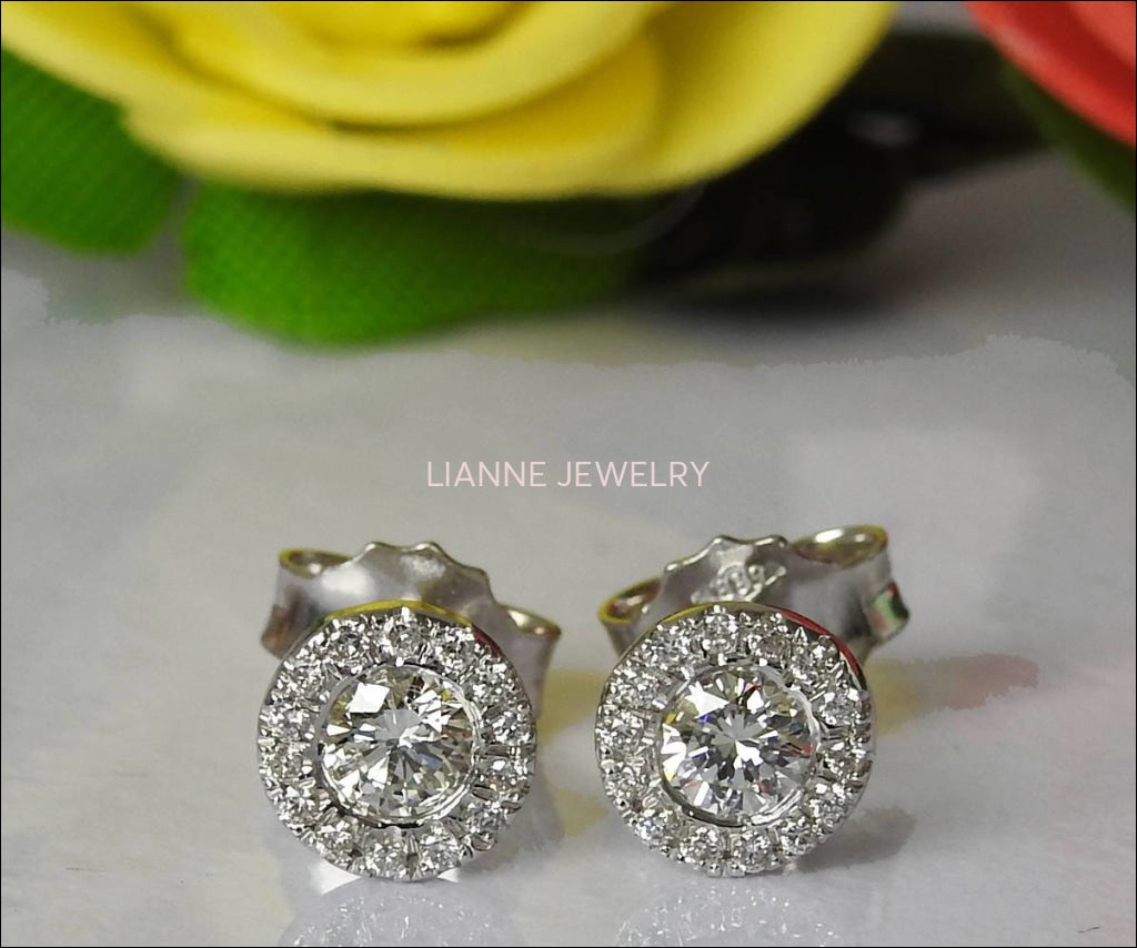 Circle Earrings Stud Earrings Diamond Gold Earrings Sun Earrings Birthday Earrings Victorian Halo 14K or 18K White gold Wedding Earrings - Lianne Jewelry