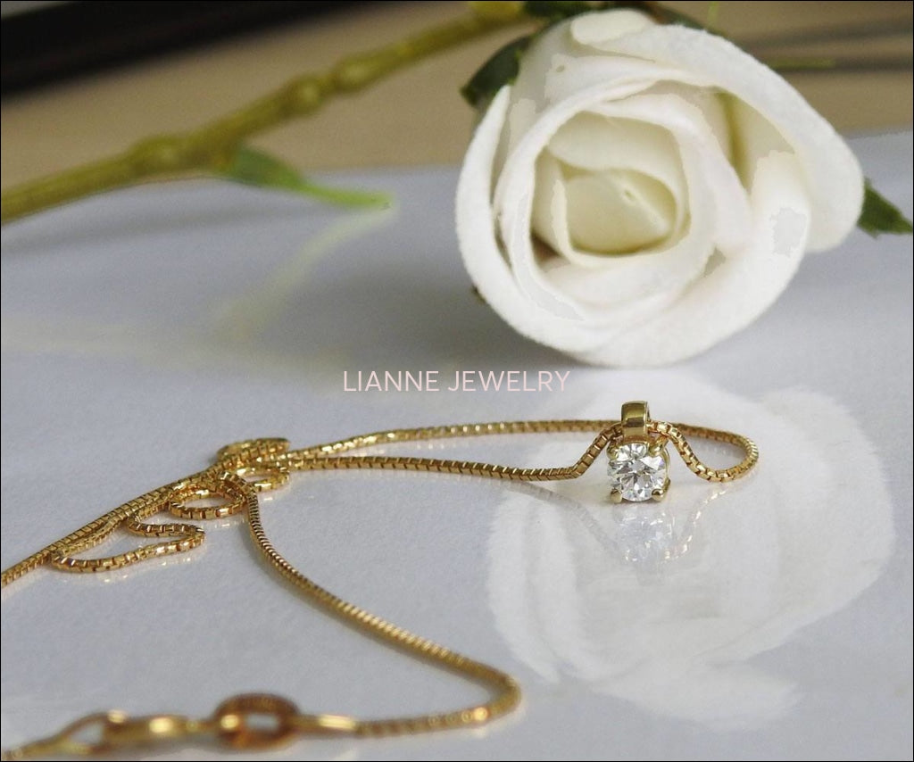 Diamond Pendant Solitaire Pendant 1/4 ct 14K White gold chain included  Minimalist pendant - Lianne Jewelry