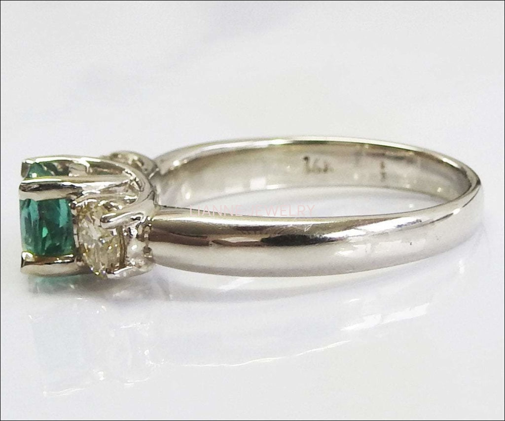 Vintage 3 stone Ring Emerald Ring Diamond Ring Gold ring Engagement Ring  Art deco Ring Promise Ring, Blueish Green - Lianne Jewelry