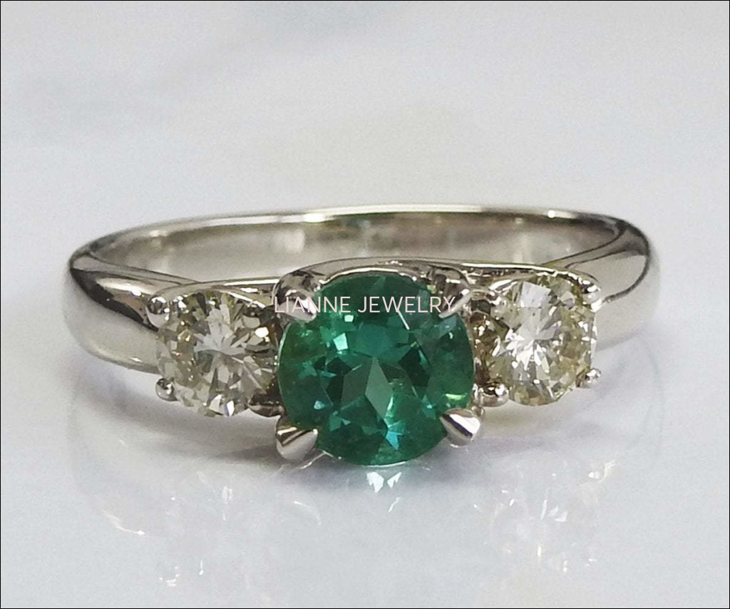 Vintage 3 stone Ring Emerald Ring Diamond Ring Gold ring Engagement Ring  Art deco Ring Promise Ring, Blueish Green - Lianne Jewelry