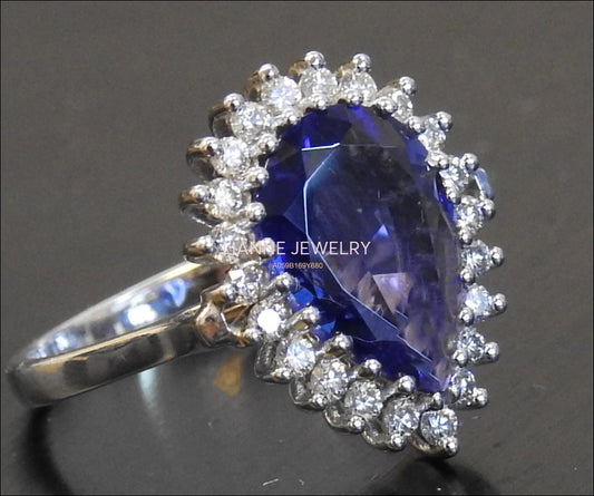 14K Tanzanite Engagement Ring, Pear shape Purple Gemstone surrounded with Diamonds - Lianne Jewelry