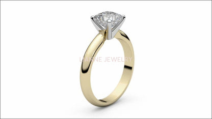 2 Tone Solitaire Engagement Ring with Princess cut Simulated Diamond made in 14K or 18K white and Yellow gold - Lianne Jewelry