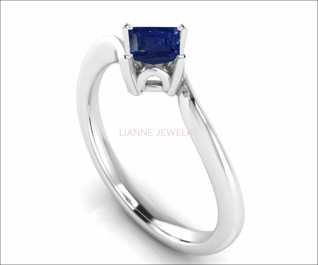 Solitaire Ring Blue Ring Engagement Ring Square cut Princess cut Sapphire Minimalist Sapphire Ring made in 14K 18K White gold Birthday Gift - Lianne Jewelry