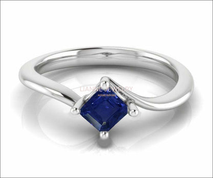 Solitaire Ring Blue Ring Engagement Ring Square cut Princess cut Sapphire Minimalist Sapphire Ring made in 14K 18K White gold Birthday Gift - Lianne Jewelry