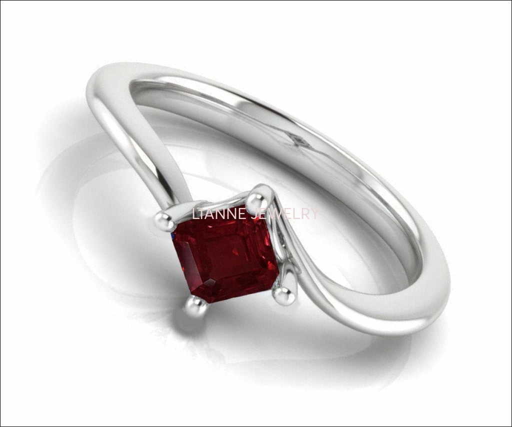 Twist Solitaire Red Engagement Ring Square cut Princess cut Ruby Minimalist Ruby Ring made in 14K or 18K White gold Birthday Gift - Lianne Jewelry