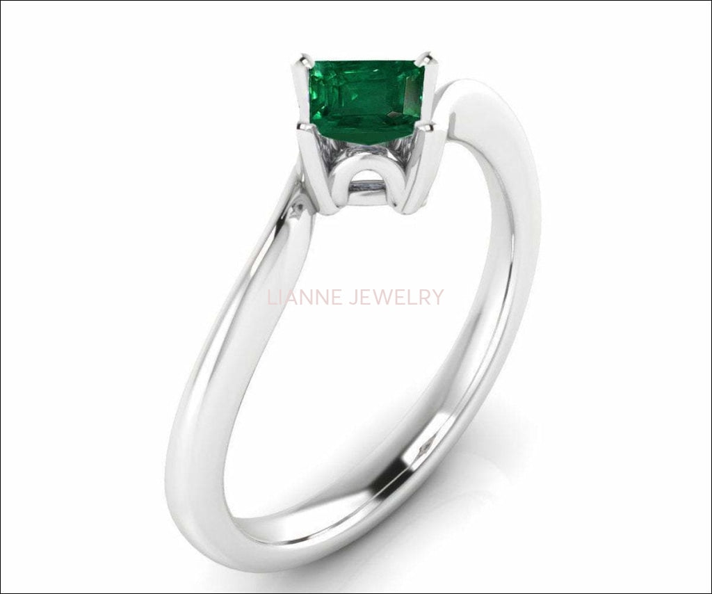 14K Square Emerald Solitaire Engagement Ring, Twist Solitaire Ring, Filigree Green Engagement Ring - Lianne Jewelry