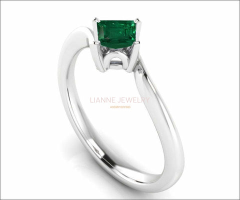 14K Square Emerald Solitaire Engagement Ring, Twist Solitaire Ring, Filigree Green Engagement Ring - Lianne Jewelry