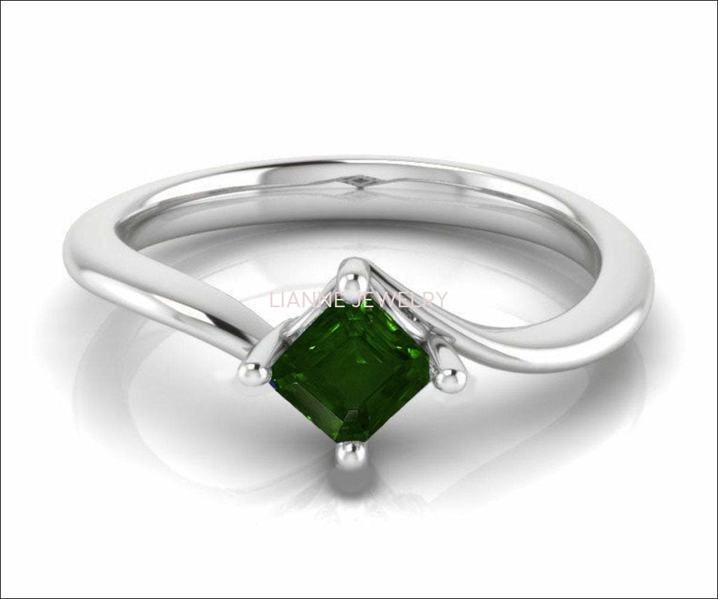 14K Square Emerald Solitaire Engagement Ring, Twist Solitaire Ring, Filigree Green Engagement Ring - Lianne Jewelry