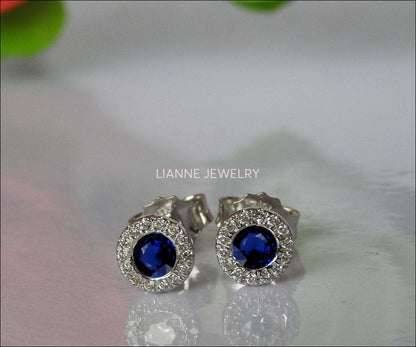 Sapphire Studs Halo Earrings surrounded with Diamonds Birthday Gift Minimalist Earrings Sunflowers Earrings 14K or 18K White gold - Lianne Jewelry