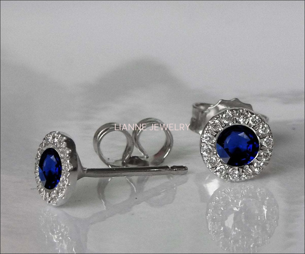 Sapphire Studs Halo Earrings surrounded with Diamonds Birthday Gift Minimalist Earrings Sunflowers Earrings 14K or 18K White gold - Lianne Jewelry