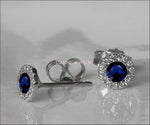 Sapphire Studs Halo Earrings surrounded with Diamonds Birthday Gift Minimalist Earrings Sunflowers Earrings 14K or 18K White gold - Lianne Jewelry