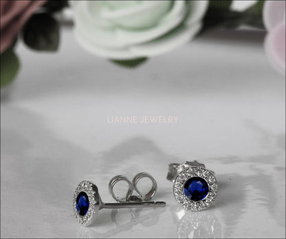 Sapphire Studs Halo Earrings surrounded with Diamonds Birthday Gift Minimalist Earrings Sunflowers Earrings 14K or 18K White gold - Lianne Jewelry