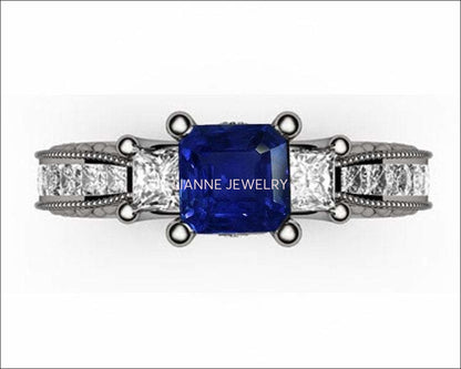 Vintage Sapphire Gold Unique Sapphire Diamond Engagement ring 3-stone Ring channel trellis Engraved 18K White Yellow or Rose gold Jewelry - Lianne Jewelry