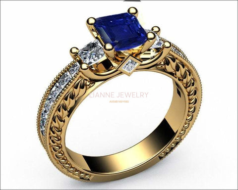 Vintage Sapphire Gold Unique Sapphire Diamond Engagement ring 3-stone Ring channel trellis Engraved 18K White Yellow or Rose gold Jewelry - Lianne Jewelry