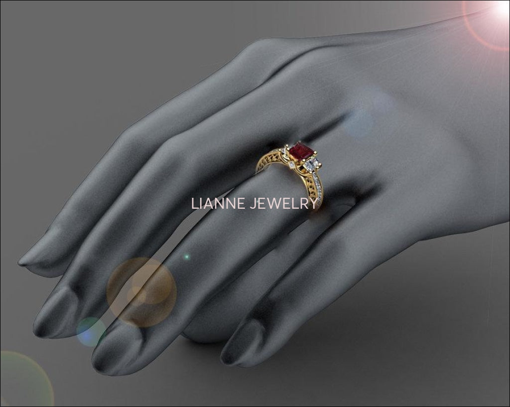 Ruby Gold ring Unique Ruby Diamond Engagement ring 3-stone Ring channel trellis Engraved 18K White Yellow or Rose gold Jewelry - Lianne Jewelry