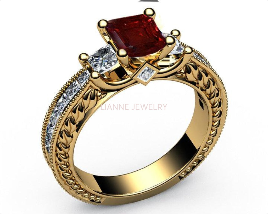 Ruby Gold ring Unique Ruby Diamond Engagement ring 3-stone Ring channel trellis Engraved 18K White Yellow or Rose gold Jewelry - Lianne Jewelry