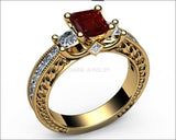 Ruby Gold ring Unique Ruby Diamond Engagement ring 3-stone Ring channel trellis Engraved 18K White Yellow or Rose gold Jewelry - Lianne Jewelry