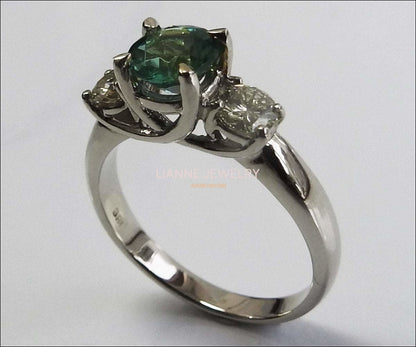 Vintage 3 stone Ring Emerald Ring Diamond Ring Gold ring Engagement Ring  Art deco Ring Promise Ring, Blueish Green - Lianne Jewelry