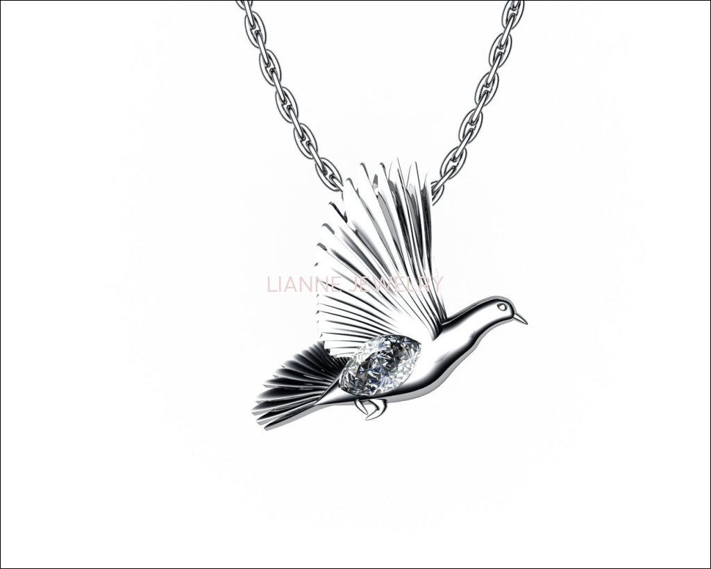 Dove Pendant Wings Pendant Diamond Pendant 14K white gold Peace Pendant Dove Bird Celtic Diamond Marquise Pendant Jewelry Animal Pendant - Lianne Jewelry