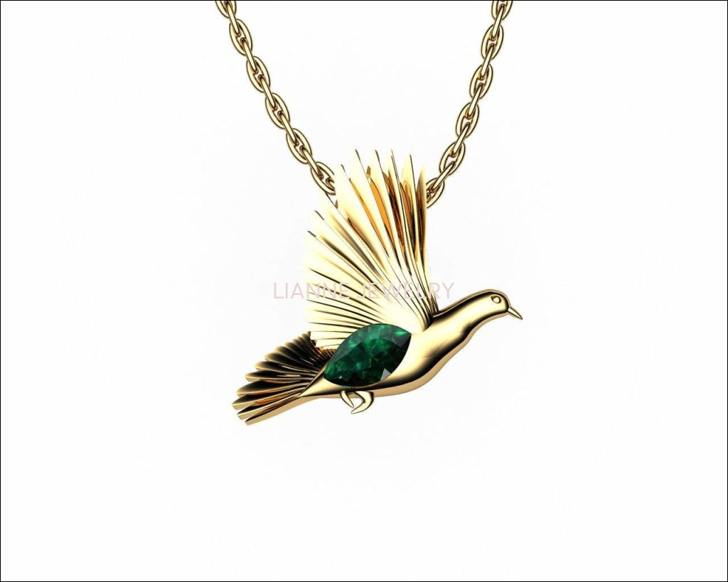 Bird Pendant, Gold Dove Pendant with Ruby Marquise, Wings Pendant, Peace Pendant, Anniversary Gift - Lianne Jewelry