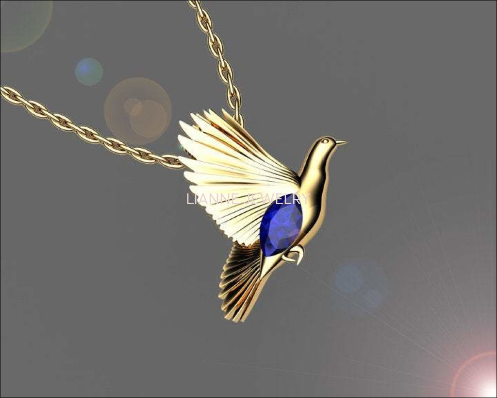 Bird Pendant Minimalist pendant 14K yellow gold Blue Pendant Wings Pendant Peace Bird Sapphire Pendant Marquise stone including chain - Lianne Jewelry