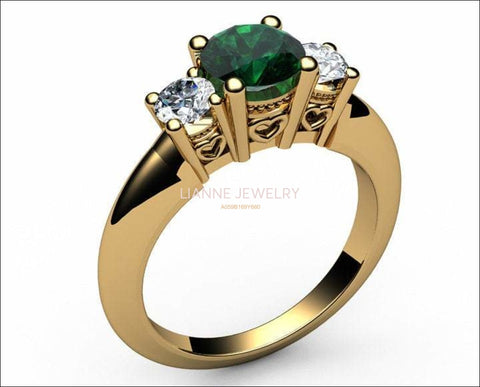 14K Gold Emerald 3 stone Ring, Unique Engagement Ring, Heart Filigree, Promise Ring, Love Ring for Your Love One - Lianne Jewelry