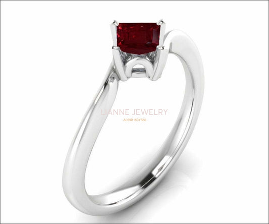 Twist Solitaire Red Engagement Ring Square cut Princess cut Ruby Minimalist Ruby Ring made in 14K or 18K White gold Birthday Gift - Lianne Jewelry